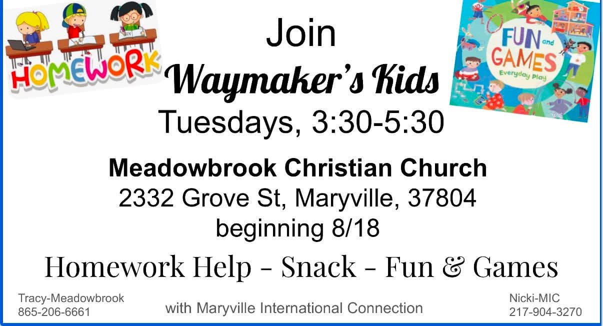 Waymaker's Kids flyer with Tuesday meeting information at Meadowbrook Christian Church